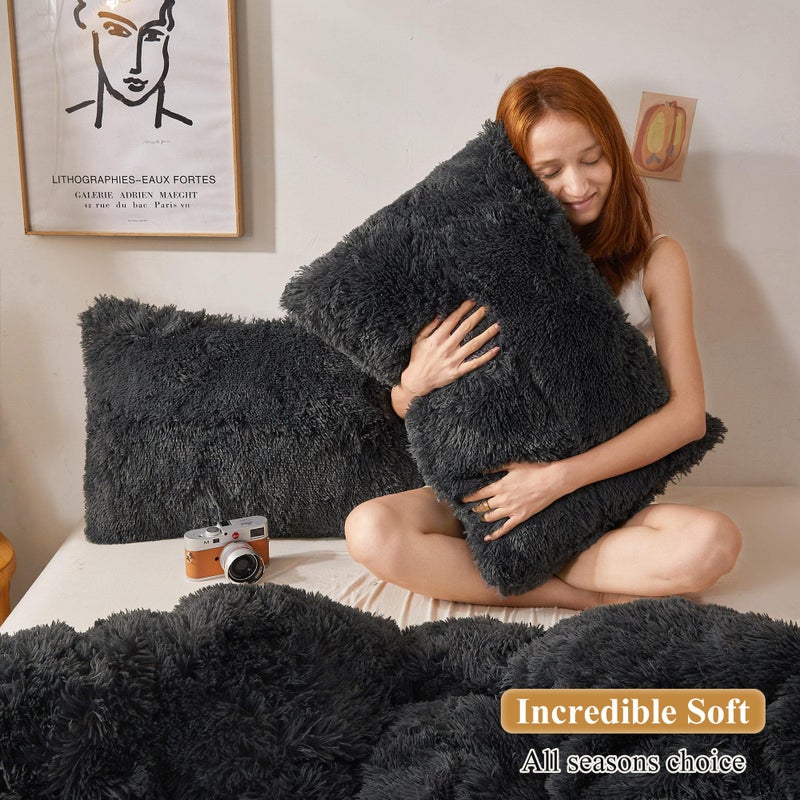 XeGe Faux Fur Throw Pillow Cases, Plush Shaggy Ultra Soft Pillow Covers, Fluffy Crystal Velvet Decorative Pillowcases, Furry Fuzzy Pillow Shams Zipper Closure, Set of 2(Standard, Dark Gray) - Image 5